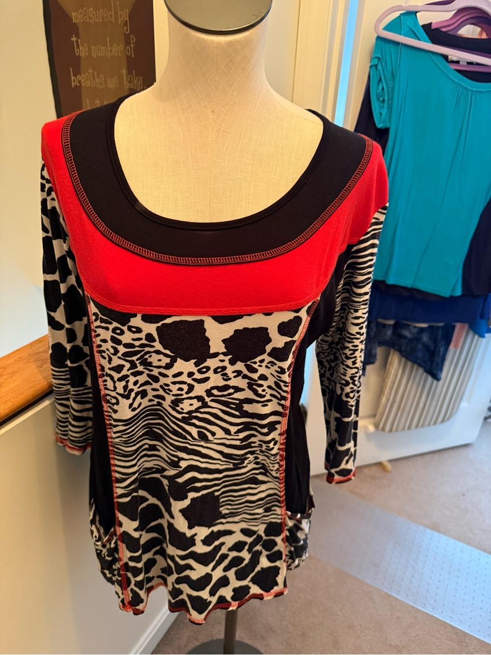 Red & Black Animal Print Long Sleeve Scoop Neck Top